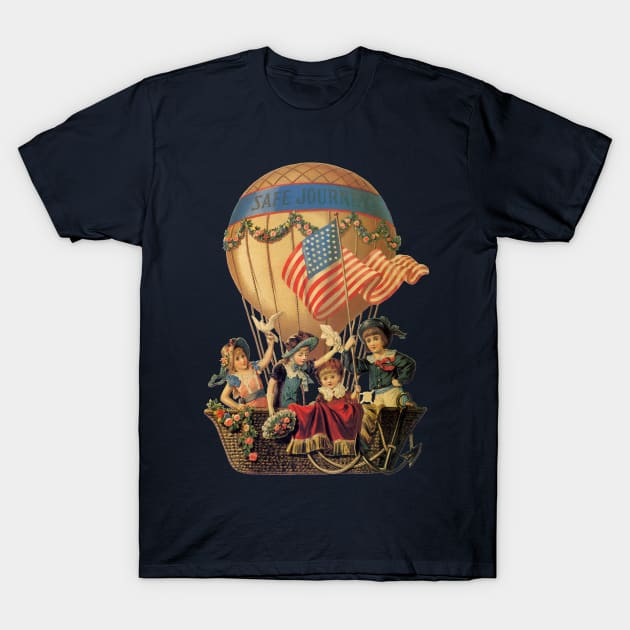 Vintage Hot Air Balloon with Children, Safe Journey T-Shirt by MasterpieceCafe